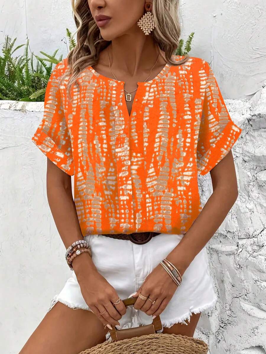 Women's Summer Casual V-Neck Short Sleeve Allover Print Shirt