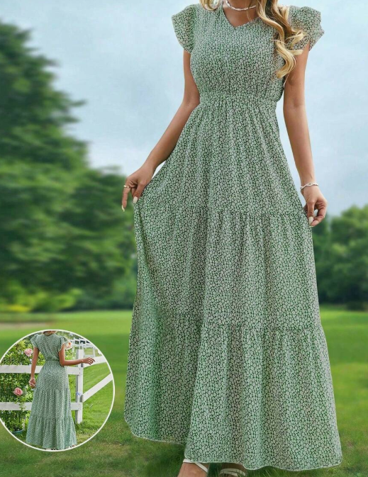 Women's V-Neck Floral Ruffle Trim Vacation Matching Spring/Summer Dress Elegant