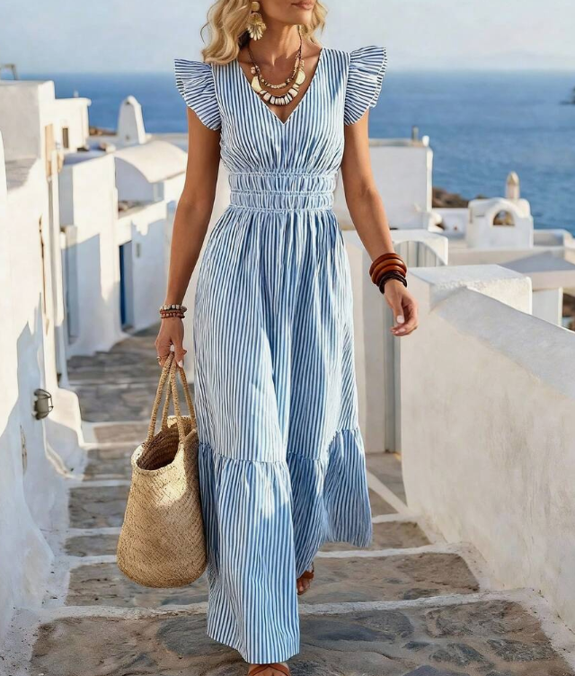 Women's V-Neck Leaf-Edge Striped Fitted A-Line Dress