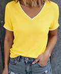 Floral Lace Trim Fashionable Minimalist Women's Regular V-Neck T-Shirt