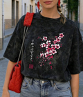 Summer New Retro Tie-Dye Sakura Floral Print Casual Round Neck Short Sleeve T-Shirt