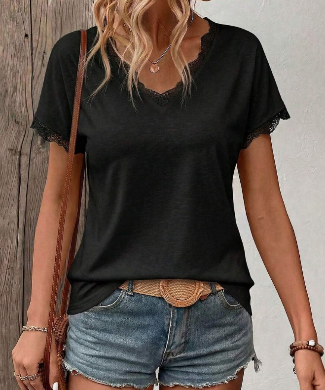 Women's Spring/Summer New Lace Trim V-Neck Short Sleeve T-Shirt